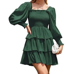 Teal long-sleeve smocked square neck tiered mini dress.